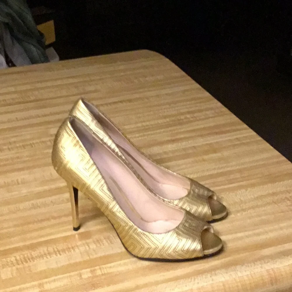 Versace Gold Peep-Toe Leather Heels - Picture 2 of 6